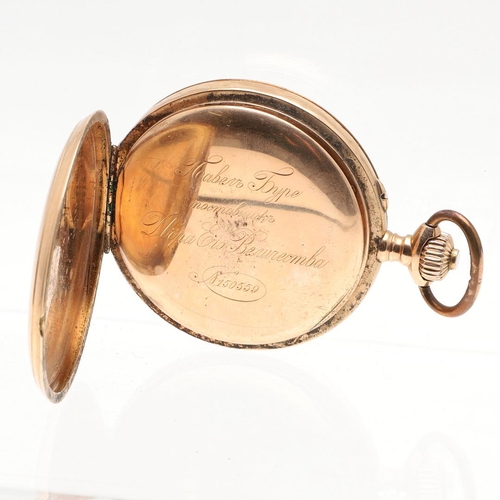 864 - A 14CT GOLD FULL HUNTING CASED POCKET WATCH. the white enamel dial with Roman numerals and subsidiar... 