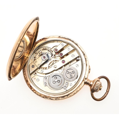 864 - A 14CT GOLD FULL HUNTING CASED POCKET WATCH. the white enamel dial with Roman numerals and subsidiar... 