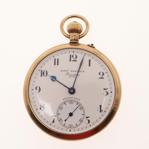 865 - A 9CT GOLD OPEN FACED POCKET WATCH BY DANIEL DEBOIS, LONDON. the signed white enamel dial with Arabi... 