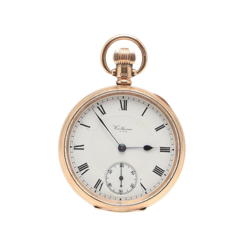 866 - A 9CT GOLD OPEN FACED POCKET WATCH BY WALTHAM. the signed white enamel dial with Roman numerals and ... 