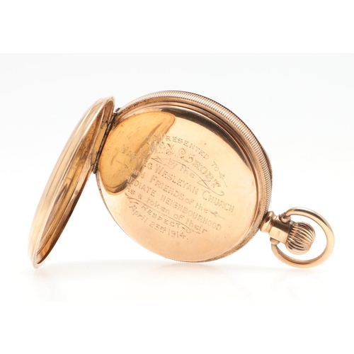 866 - A 9CT GOLD OPEN FACED POCKET WATCH BY WALTHAM. the signed white enamel dial with Roman numerals and ... 