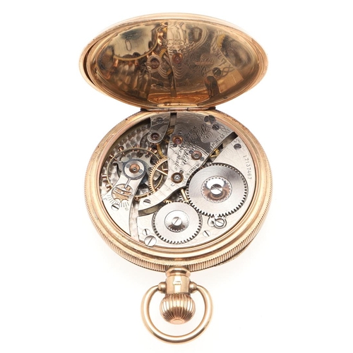 866 - A 9CT GOLD OPEN FACED POCKET WATCH BY WALTHAM. the signed white enamel dial with Roman numerals and ... 