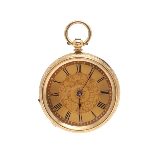 867 - AN 18CT GOLD OPEN FACED POCKET WATCH. the gold foliate dial with Roman numerals, with foliate engrav... 