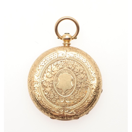 867 - AN 18CT GOLD OPEN FACED POCKET WATCH. the gold foliate dial with Roman numerals, with foliate engrav... 