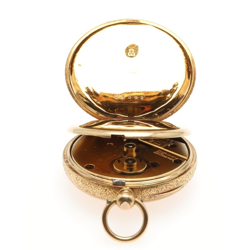 867 - AN 18CT GOLD OPEN FACED POCKET WATCH. the gold foliate dial with Roman numerals, with foliate engrav... 