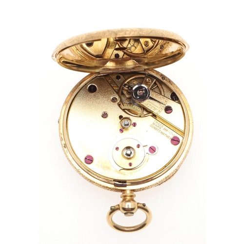 867 - AN 18CT GOLD OPEN FACED POCKET WATCH. the gold foliate dial with Roman numerals, with foliate engrav... 