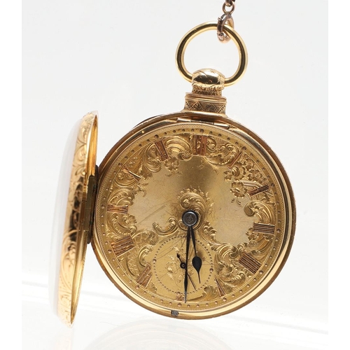 868 - AN 18CT GOLD OPEN FACED POCKET WATCH. the foliate engraved dial with gold Roman numerals, the revers... 