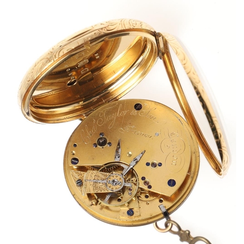 868 - AN 18CT GOLD OPEN FACED POCKET WATCH. the foliate engraved dial with gold Roman numerals, the revers... 