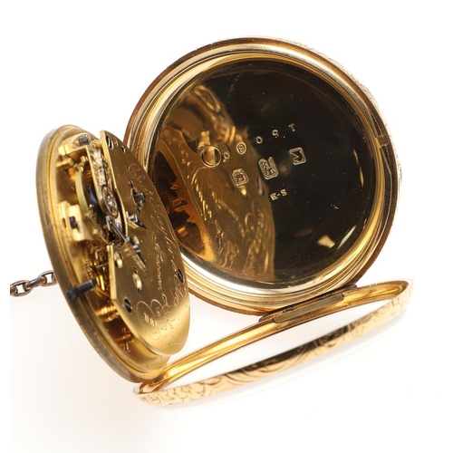 868 - AN 18CT GOLD OPEN FACED POCKET WATCH. the foliate engraved dial with gold Roman numerals, the revers... 