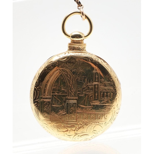 868 - AN 18CT GOLD OPEN FACED POCKET WATCH. the foliate engraved dial with gold Roman numerals, the revers... 