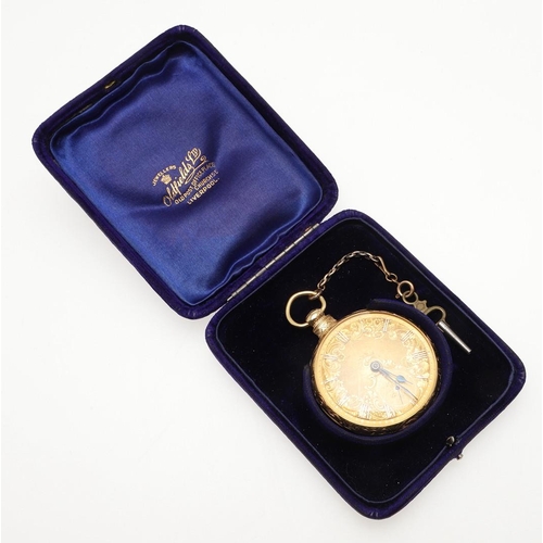 868 - AN 18CT GOLD OPEN FACED POCKET WATCH. the foliate engraved dial with gold Roman numerals, the revers... 