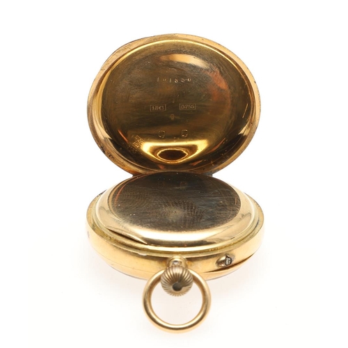 869 - AN 18CT GOLD OPEN FACED POCKET WATCH. the white enamel dial with Roman numerals, engraved with a mon... 