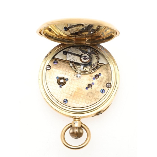 869 - AN 18CT GOLD OPEN FACED POCKET WATCH. the white enamel dial with Roman numerals, engraved with a mon... 