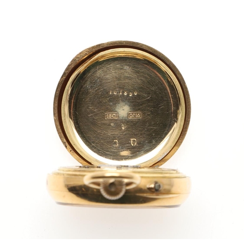 869 - AN 18CT GOLD OPEN FACED POCKET WATCH. the white enamel dial with Roman numerals, engraved with a mon... 