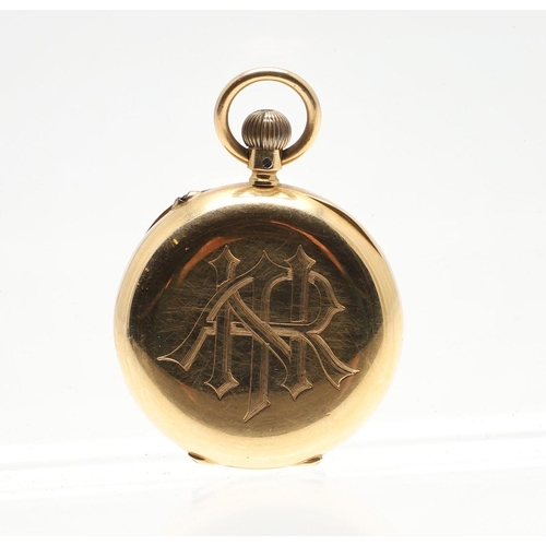 869 - AN 18CT GOLD OPEN FACED POCKET WATCH. the white enamel dial with Roman numerals, engraved with a mon... 