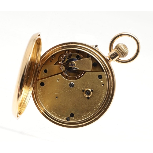 871 - AN 18CT GOLD HALF HUNTING CASED POCKET WATCH. the white enamel dial with Roman numerals and subsidia... 