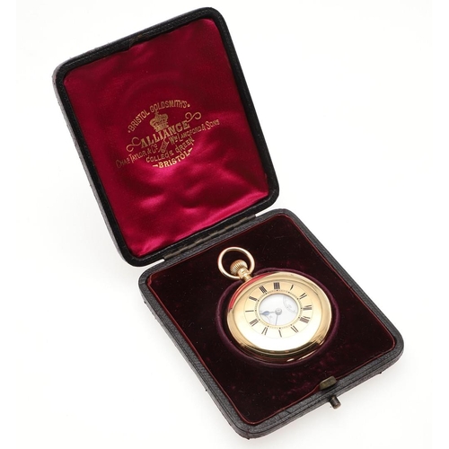 871 - AN 18CT GOLD HALF HUNTING CASED POCKET WATCH. the white enamel dial with Roman numerals and subsidia... 