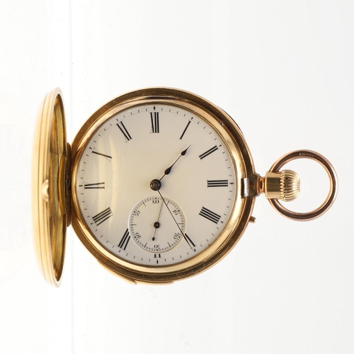 872 - AN 18CT GOLD QUARTER REPEATING HALF HUNTING CASED POCKET WATCH. the white enamel dial with Roman num... 