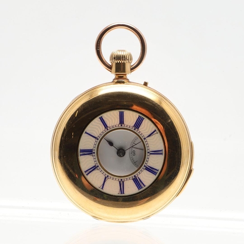 872 - AN 18CT GOLD QUARTER REPEATING HALF HUNTING CASED POCKET WATCH. the white enamel dial with Roman num... 