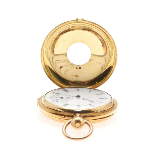 872 - AN 18CT GOLD QUARTER REPEATING HALF HUNTING CASED POCKET WATCH. the white enamel dial with Roman num... 