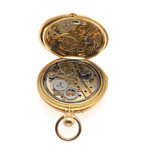 872 - AN 18CT GOLD QUARTER REPEATING HALF HUNTING CASED POCKET WATCH. the white enamel dial with Roman num... 