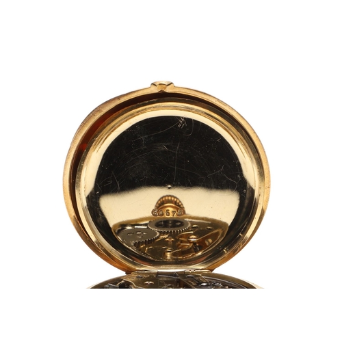 872 - AN 18CT GOLD QUARTER REPEATING HALF HUNTING CASED POCKET WATCH. the white enamel dial with Roman num... 