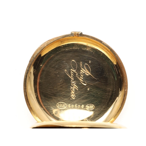 872 - AN 18CT GOLD QUARTER REPEATING HALF HUNTING CASED POCKET WATCH. the white enamel dial with Roman num... 