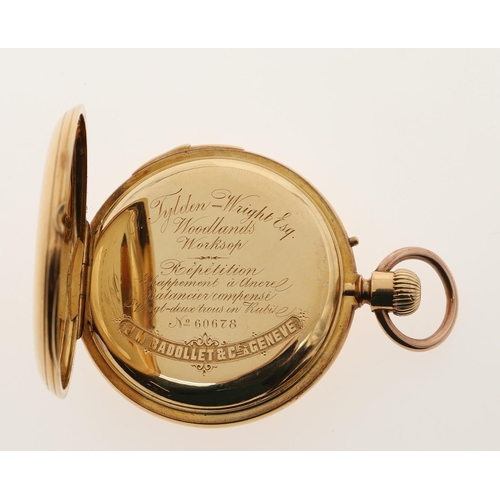 872 - AN 18CT GOLD QUARTER REPEATING HALF HUNTING CASED POCKET WATCH. the white enamel dial with Roman num... 