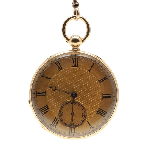 873 - AN 18CT GOLD OPEN FACED POCKET WATCH. the gold dial with engine turned decoration, Roman numerals an... 