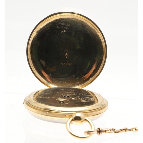 873 - AN 18CT GOLD OPEN FACED POCKET WATCH. the gold dial with engine turned decoration, Roman numerals an... 