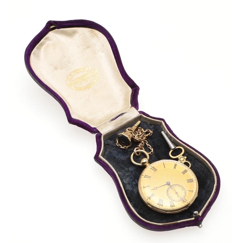 873 - AN 18CT GOLD OPEN FACED POCKET WATCH. the gold dial with engine turned decoration, Roman numerals an... 