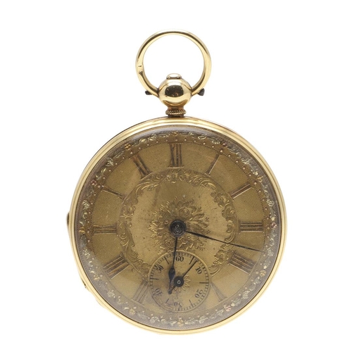 874 - AN 18CT GOLD OPEN FACED POCKET WATCH. the gold foliate dial with Roman numerals and subsidiary secon... 