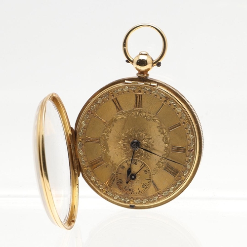 874 - AN 18CT GOLD OPEN FACED POCKET WATCH. the gold foliate dial with Roman numerals and subsidiary secon... 