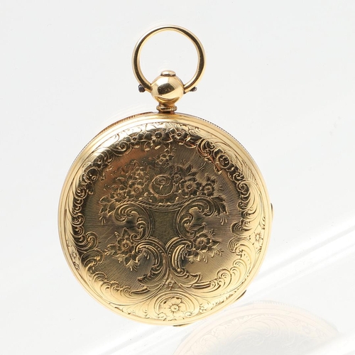 874 - AN 18CT GOLD OPEN FACED POCKET WATCH. the gold foliate dial with Roman numerals and subsidiary secon... 