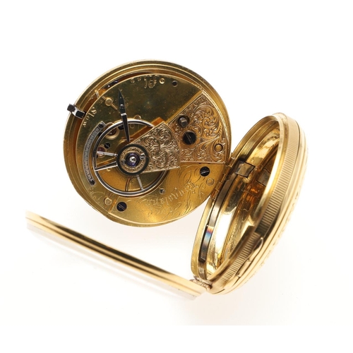 874 - AN 18CT GOLD OPEN FACED POCKET WATCH. the gold foliate dial with Roman numerals and subsidiary secon... 