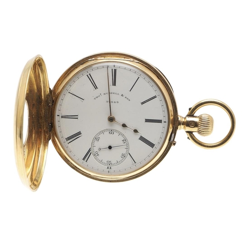 875 - AN 18CT GOLD HALF HUNTING CASED POCKET WATCH BY THOMAS RUSSELL & SON. the signed white enamel dial w... 