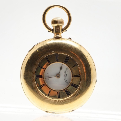 875 - AN 18CT GOLD HALF HUNTING CASED POCKET WATCH BY THOMAS RUSSELL & SON. the signed white enamel dial w... 