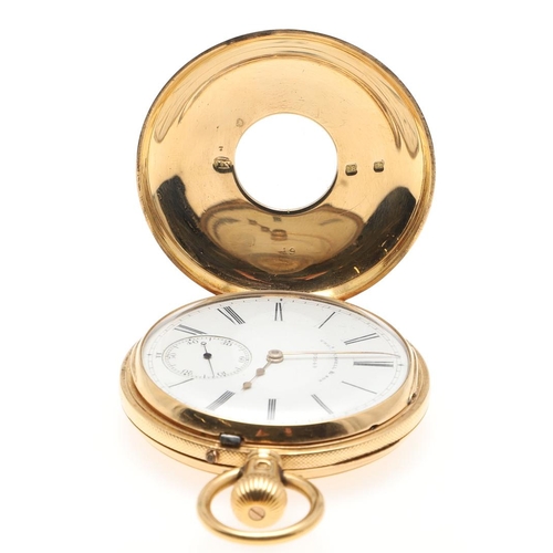 875 - AN 18CT GOLD HALF HUNTING CASED POCKET WATCH BY THOMAS RUSSELL & SON. the signed white enamel dial w... 