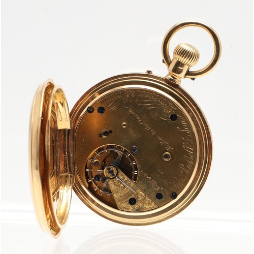 875 - AN 18CT GOLD HALF HUNTING CASED POCKET WATCH BY THOMAS RUSSELL & SON. the signed white enamel dial w... 