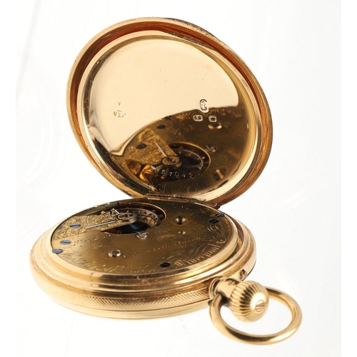 875 - AN 18CT GOLD HALF HUNTING CASED POCKET WATCH BY THOMAS RUSSELL & SON. the signed white enamel dial w... 