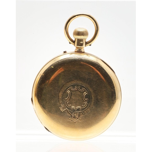 875 - AN 18CT GOLD HALF HUNTING CASED POCKET WATCH BY THOMAS RUSSELL & SON. the signed white enamel dial w... 