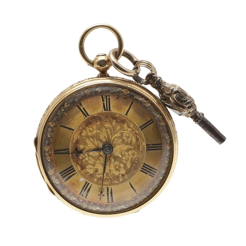 876 - AN 18CT GOLD OPEN FACED POCKET WATCH. the gold foliate dial with Roman numerals, with engraved folia... 