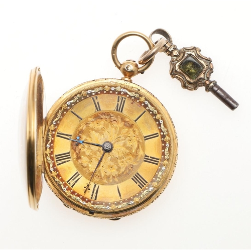 876 - AN 18CT GOLD OPEN FACED POCKET WATCH. the gold foliate dial with Roman numerals, with engraved folia... 