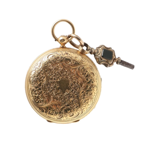 876 - AN 18CT GOLD OPEN FACED POCKET WATCH. the gold foliate dial with Roman numerals, with engraved folia... 