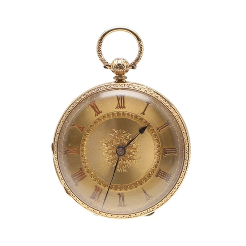 877 - AN 18CT GOLD OPEN FACED POCKET WATCH. the foliate gold dial with Roman numerals, with foliate engrav... 