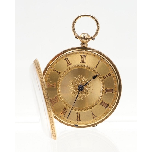 877 - AN 18CT GOLD OPEN FACED POCKET WATCH. the foliate gold dial with Roman numerals, with foliate engrav... 