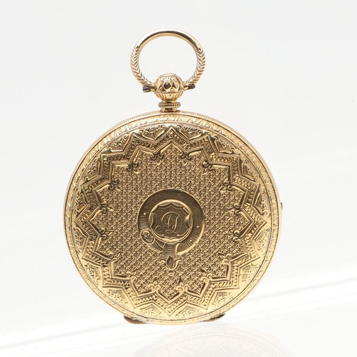 877 - AN 18CT GOLD OPEN FACED POCKET WATCH. the foliate gold dial with Roman numerals, with foliate engrav... 