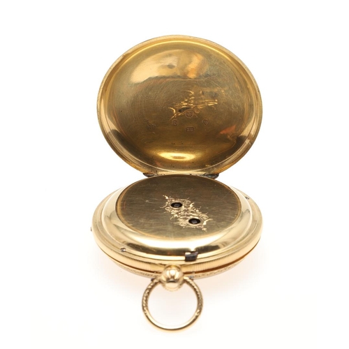 877 - AN 18CT GOLD OPEN FACED POCKET WATCH. the foliate gold dial with Roman numerals, with foliate engrav... 