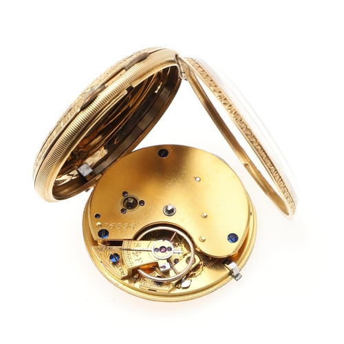 877 - AN 18CT GOLD OPEN FACED POCKET WATCH. the foliate gold dial with Roman numerals, with foliate engrav... 