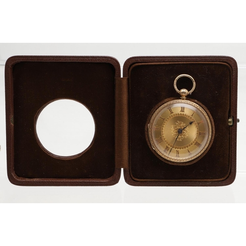 877 - AN 18CT GOLD OPEN FACED POCKET WATCH. the foliate gold dial with Roman numerals, with foliate engrav... 